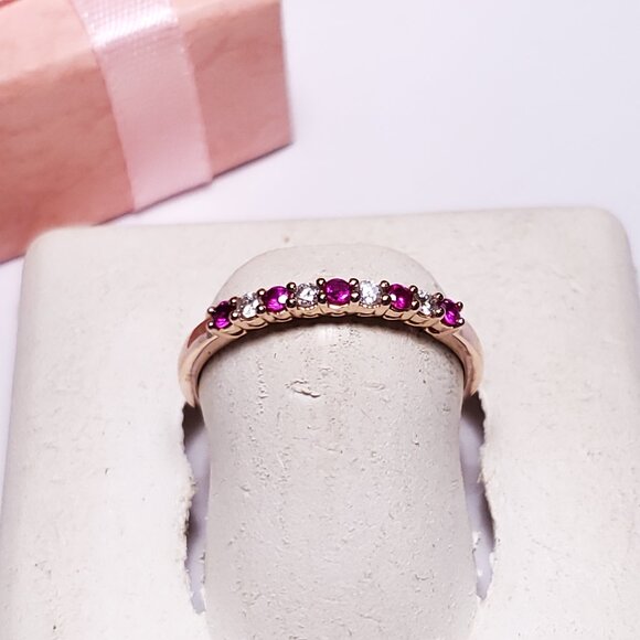 Estate 1/4ctw Natural AA Ruby &Diamond 14Kt Rose Gold Alternating Band Ring21035